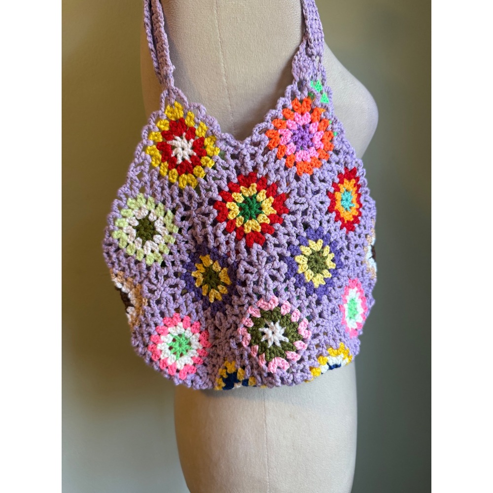 Handmade Crochet Granny Square Tote Bag PurpleMulti whimsi Boho Retro purse mini - Picture 2 of 4
